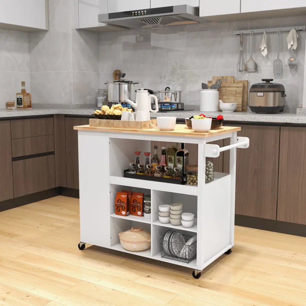 Kitchen Island Trolley Cart on Wheels with Storage Open Shelves and Drawer-White - White - Kitchen Islands & Carts