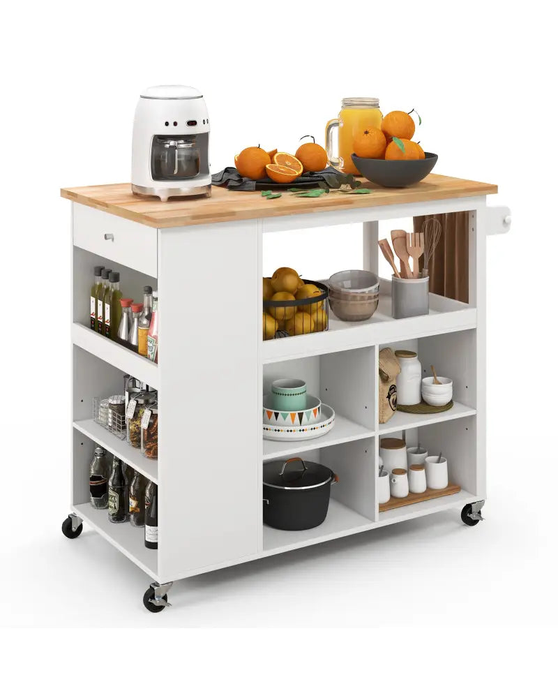 Kitchen Island Trolley Cart on Wheels with Storage Open Shelves and Drawer-White - White - Kitchen Islands & Carts