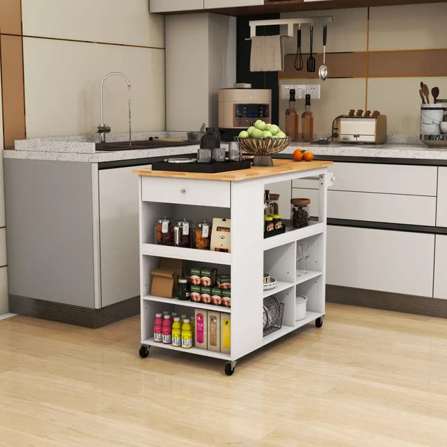 Kitchen Island Trolley Cart on Wheels with Storage Open Shelves and Drawer-White - White - Kitchen Islands & Carts