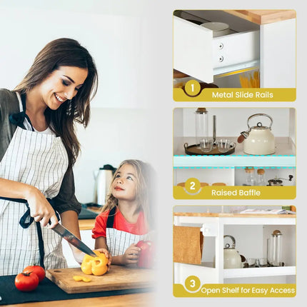 Kitchen Island Trolley Cart on Wheels with Storage Open Shelves and Drawer-White - White - Kitchen Islands & Carts