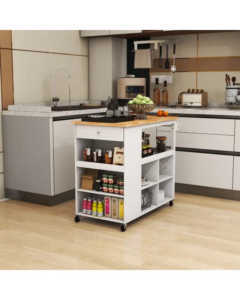Kitchen Island Trolley Cart on Wheels with Storage Open Shelves and Drawer-White - White - Kitchen Islands & Carts