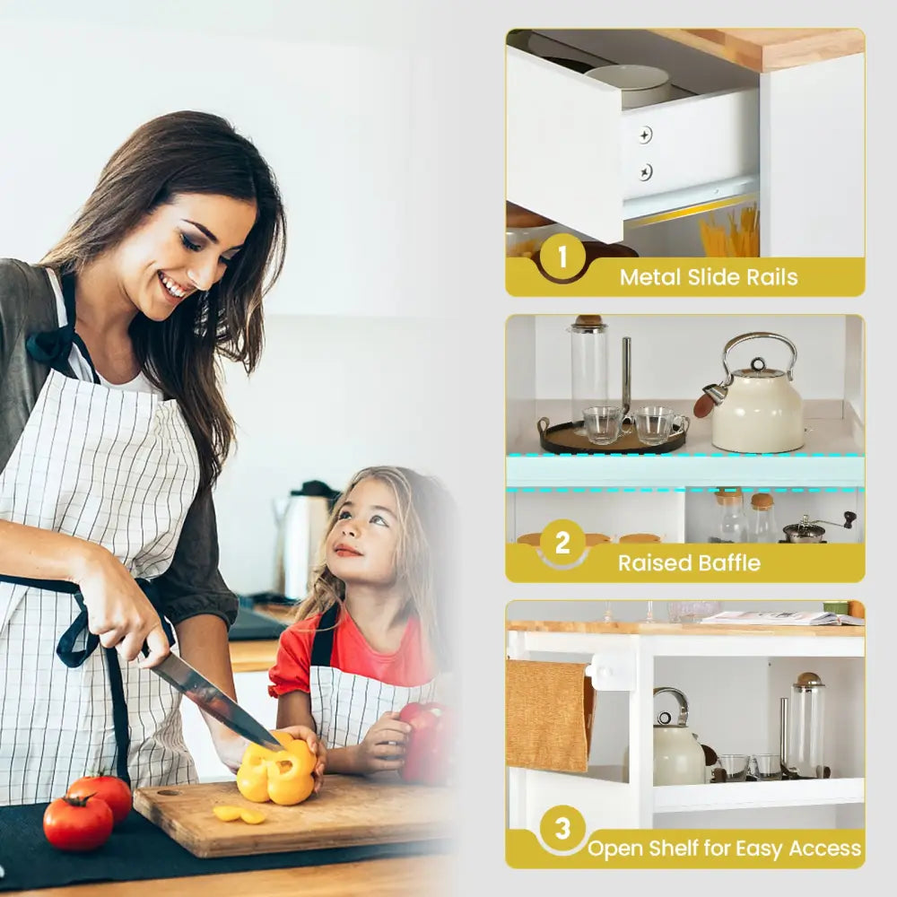 Kitchen Island Trolley Cart on Wheels with Storage Open Shelves and Drawer-White - White - Kitchen Islands & Carts