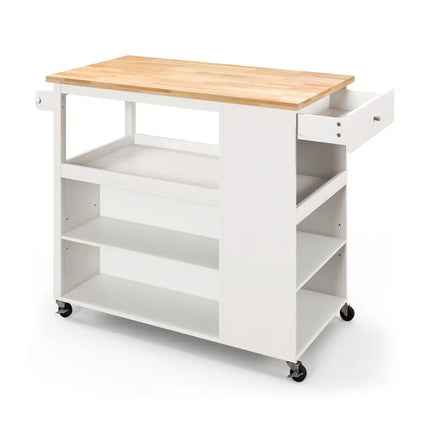 Kitchen Island Trolley Cart on Wheels with Storage Open Shelves and Drawer-White - White - Kitchen Islands & Carts