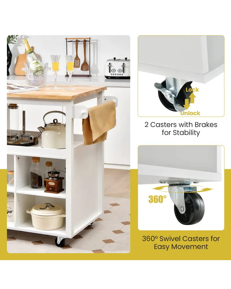 Kitchen Island Trolley Cart on Wheels with Storage Open Shelves and Drawer-White - White - Kitchen Islands & Carts