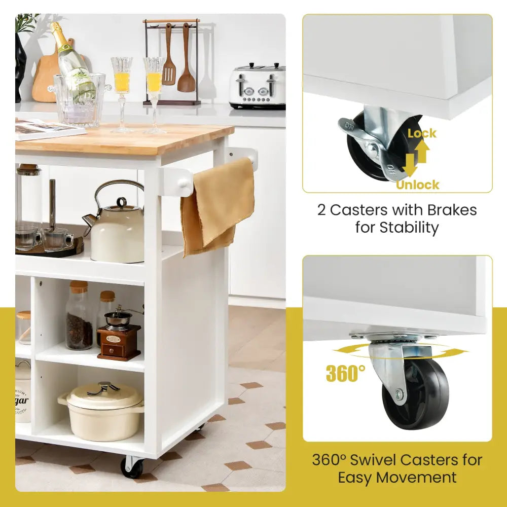 Kitchen Island Trolley Cart on Wheels with Storage Open Shelves and Drawer-White - White - Kitchen Islands & Carts