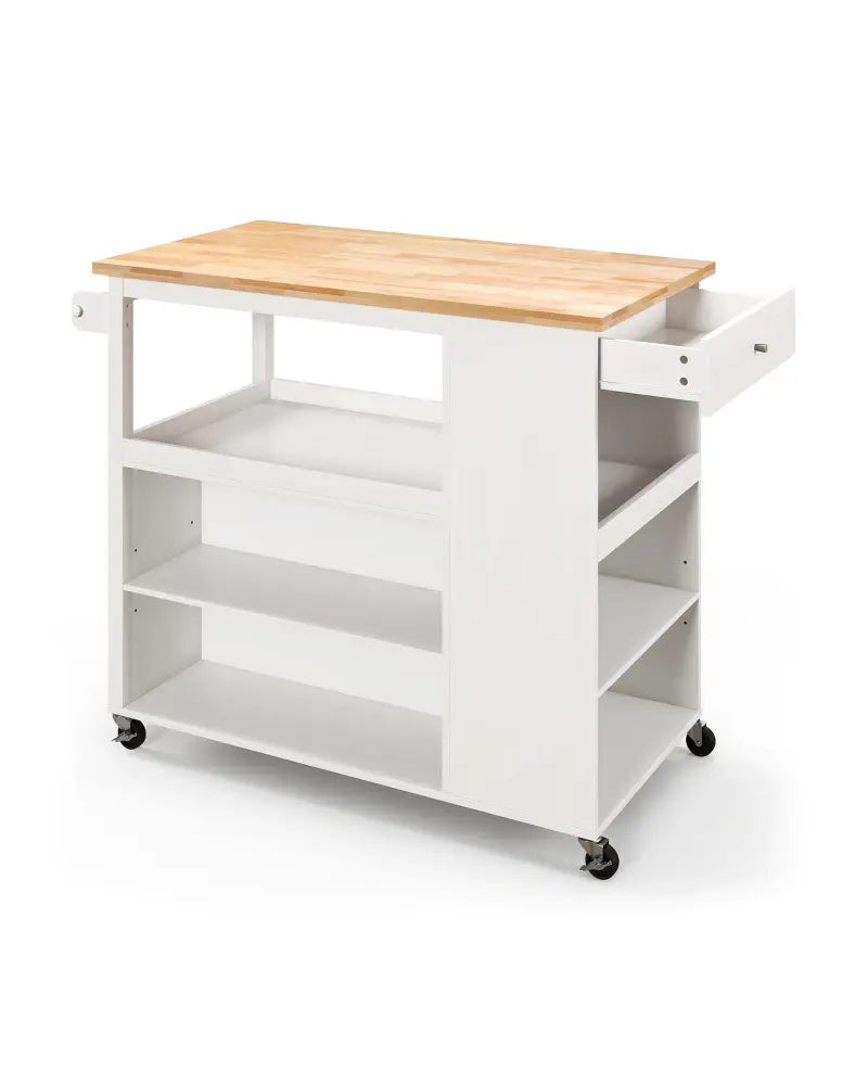 Kitchen Island Trolley Cart on Wheels with Storage Open Shelves and Drawer-White - White - Kitchen Islands & Carts