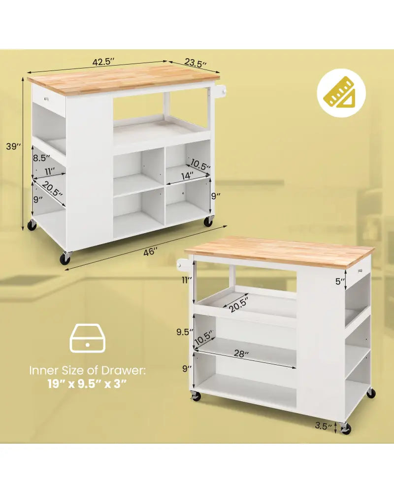 Kitchen Island Trolley Cart on Wheels with Storage Open Shelves and Drawer-White - White - Kitchen Islands & Carts