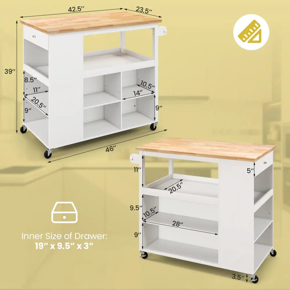 Kitchen Island Trolley Cart on Wheels with Storage Open Shelves and Drawer-White - White - Kitchen Islands & Carts