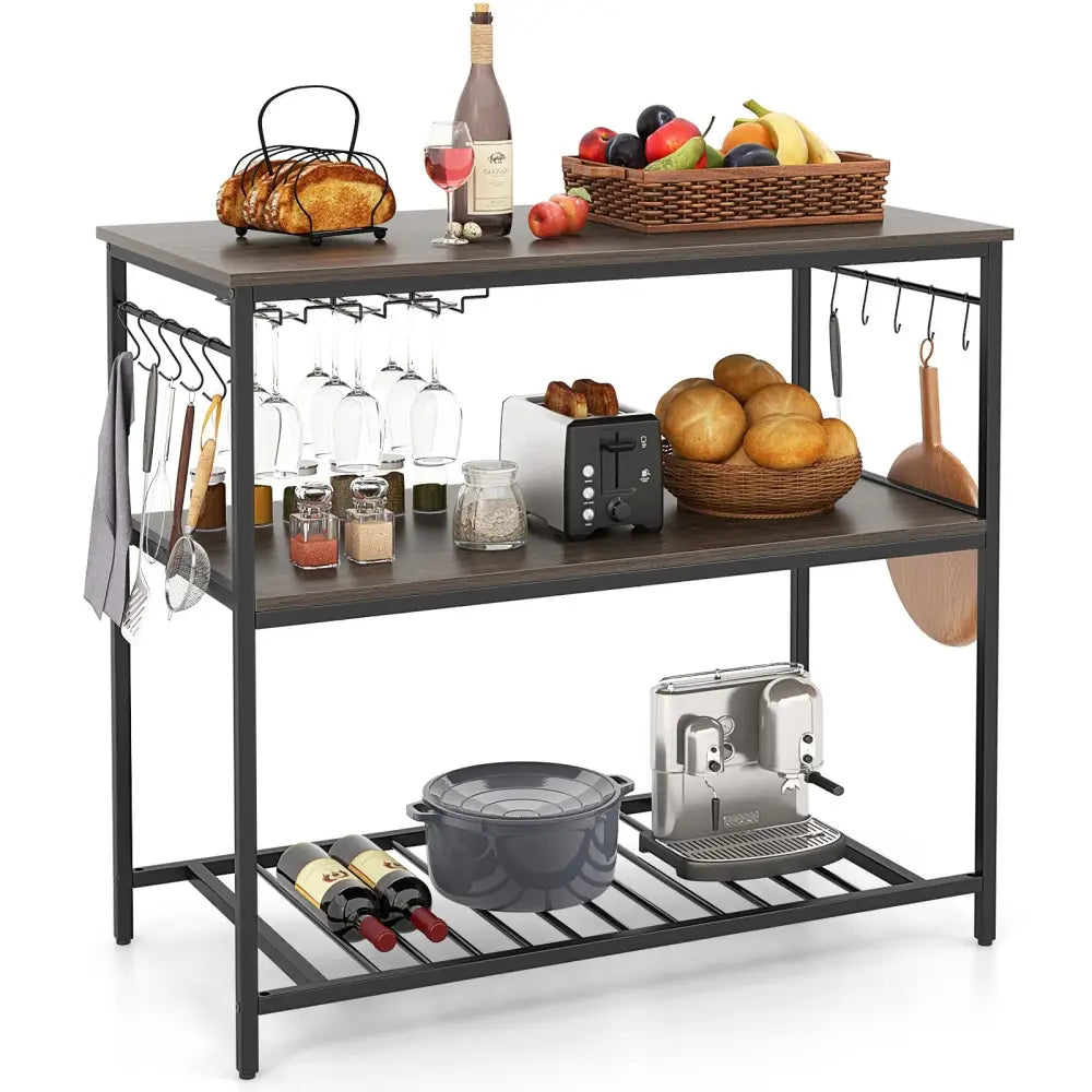 Kitchen Island with 3 Shelves Wine Glass Holders and 10 Hooks-Gray - Gray - Baker’s Racks