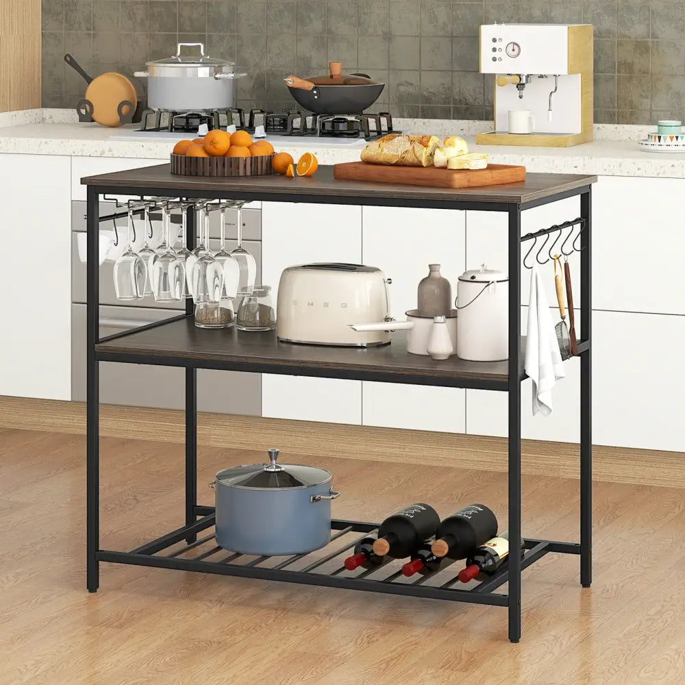 Kitchen Island with 3 Shelves Wine Glass Holders and 10 Hooks-Gray - Gray - Baker’s Racks