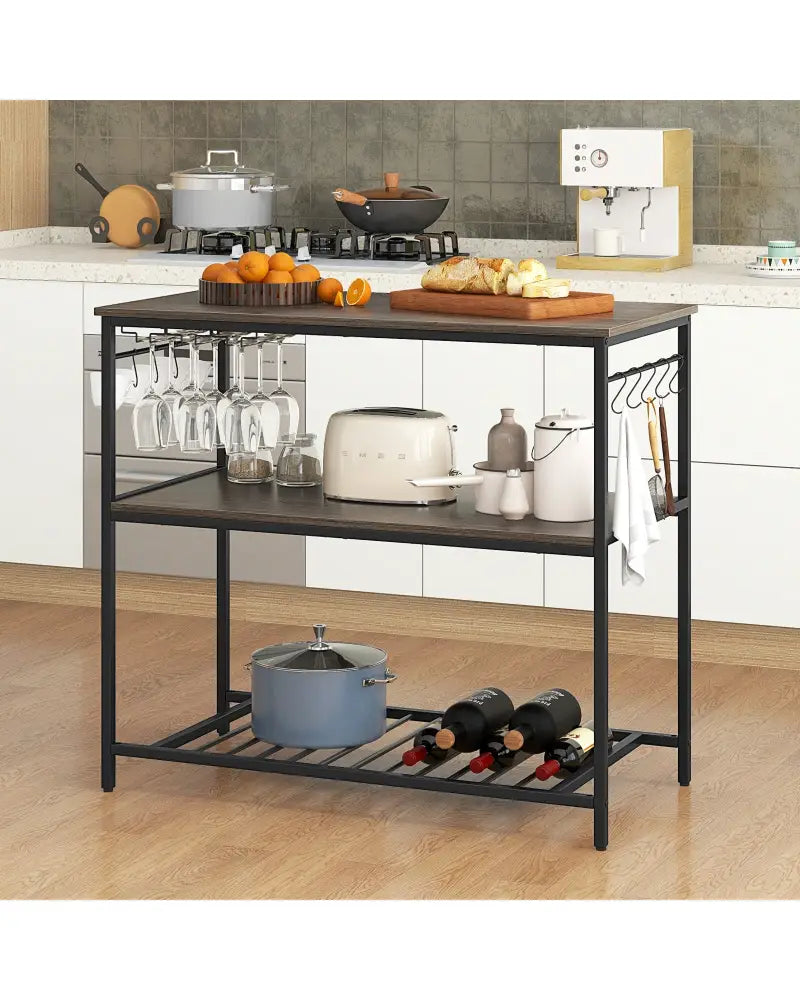 Kitchen Island with 3 Shelves Wine Glass Holders and 10 Hooks-Gray - Gray - Baker’s Racks