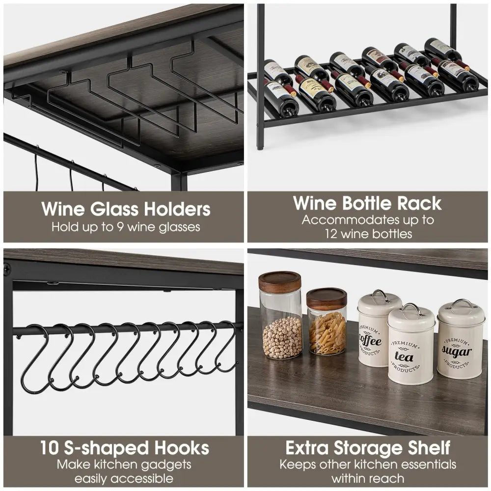 Kitchen Island with 3 Shelves Wine Glass Holders and 10 Hooks-Gray - Gray - Baker’s Racks