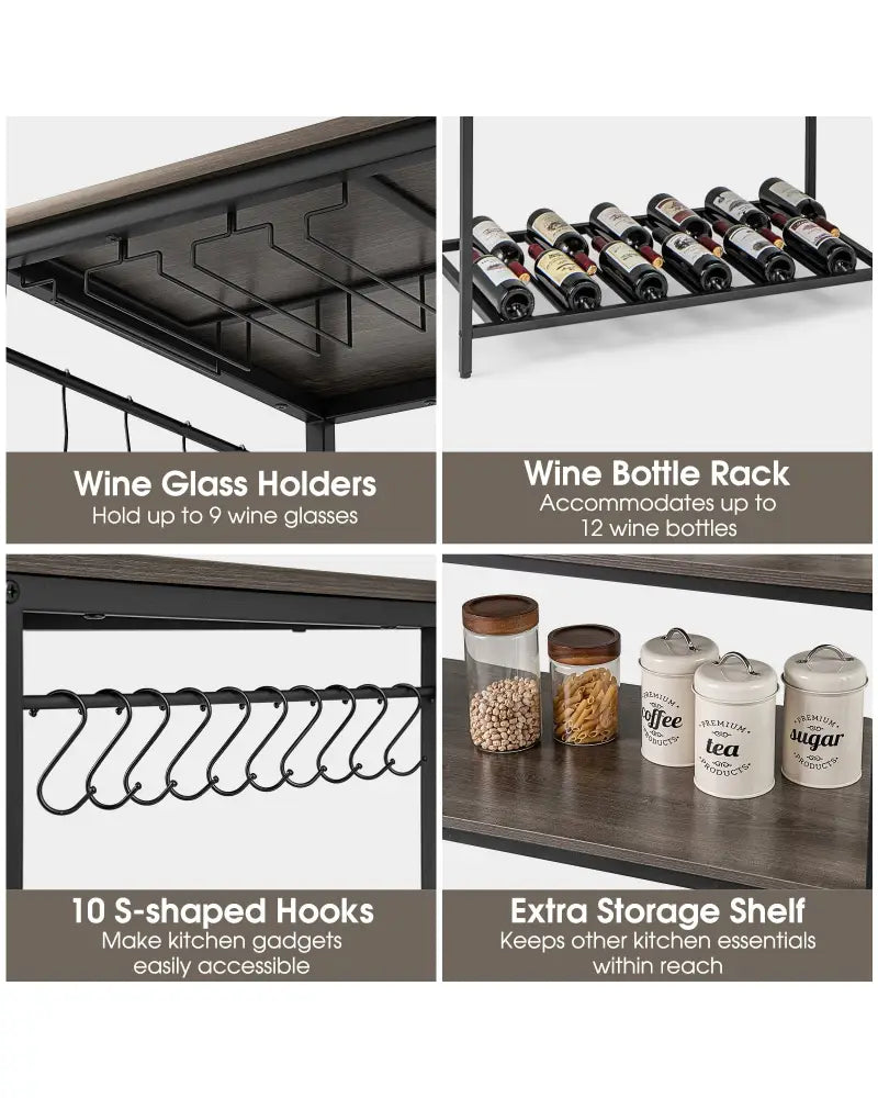 Kitchen Island with 3 Shelves Wine Glass Holders and 10 Hooks-Gray - Gray - Baker’s Racks