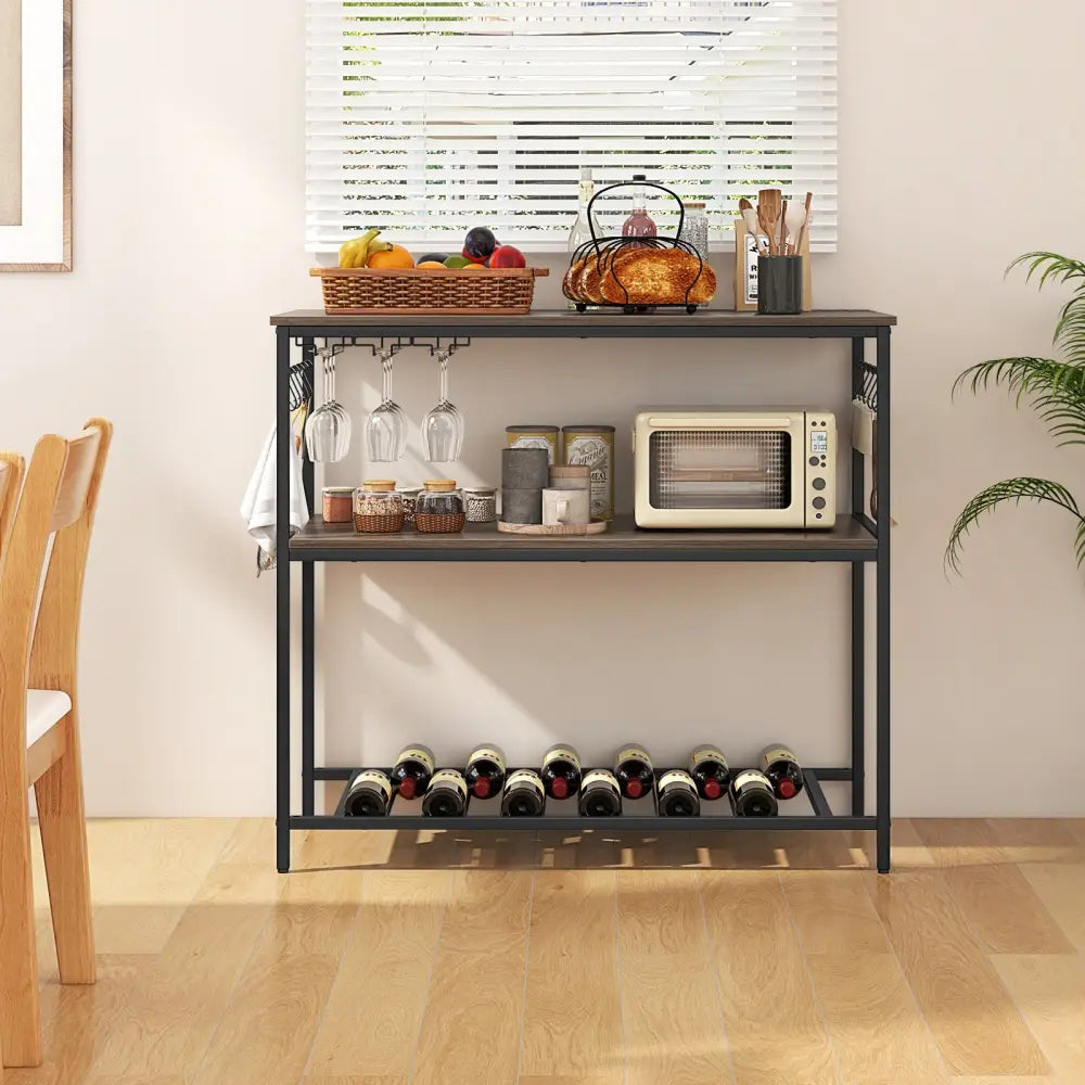 Kitchen Island with 3 Shelves Wine Glass Holders and 10 Hooks-Gray - Gray - Baker’s Racks