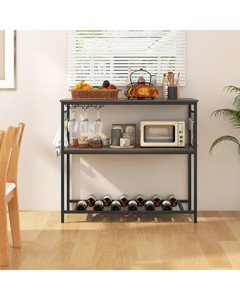 Kitchen Island with 3 Shelves Wine Glass Holders and 10 Hooks-Gray - Gray - Baker’s Racks