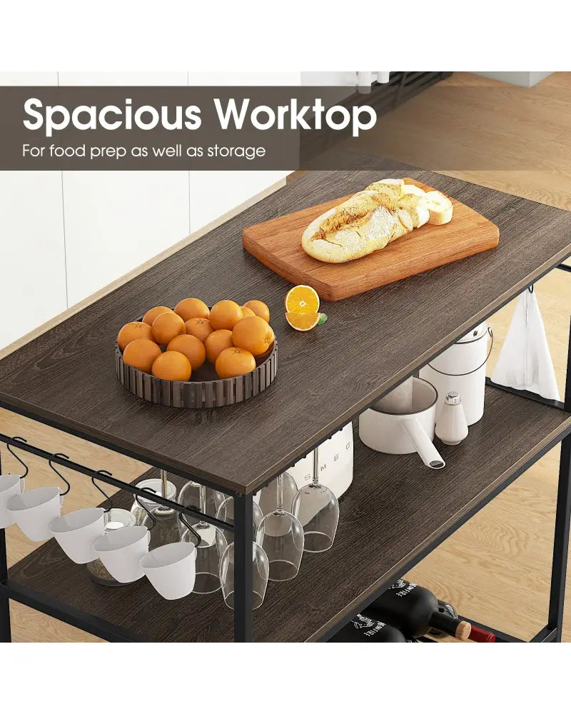 Kitchen Island with 3 Shelves Wine Glass Holders and 10 Hooks-Gray - Gray - Baker’s Racks