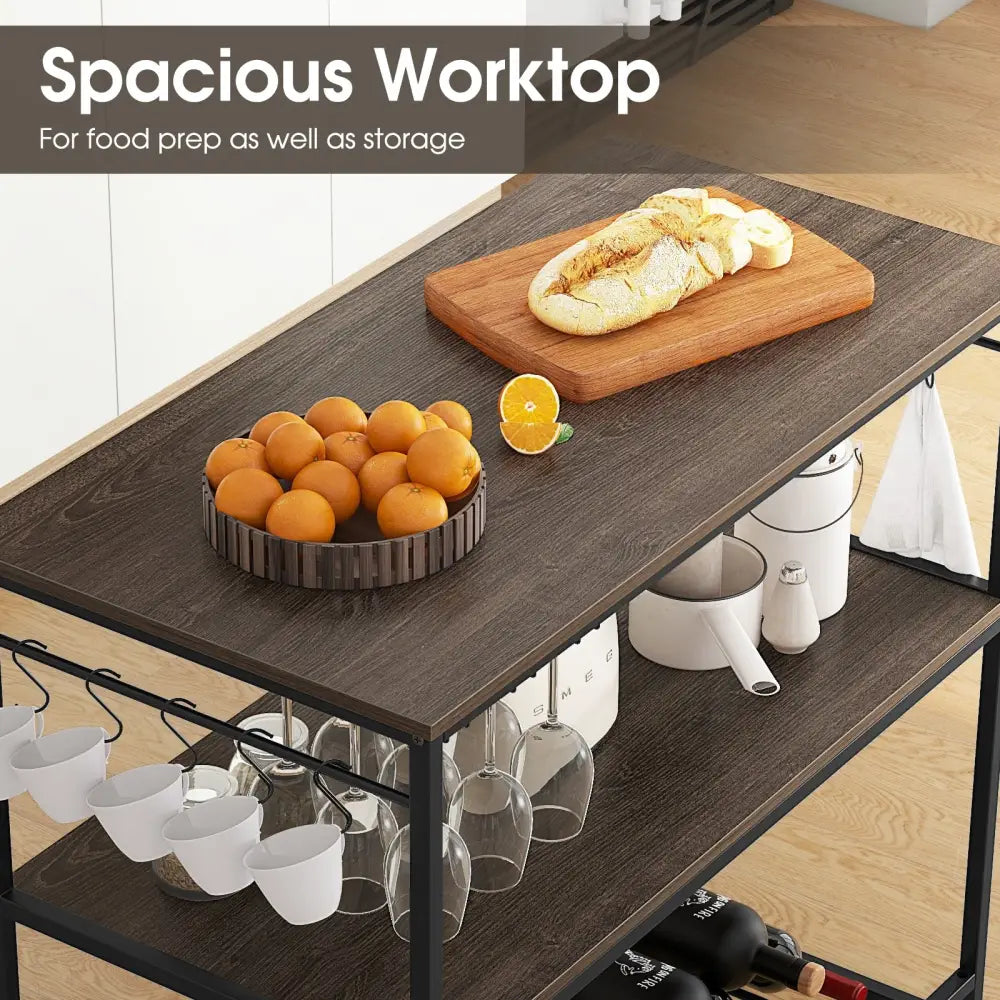 Kitchen Island with 3 Shelves Wine Glass Holders and 10 Hooks-Gray - Gray - Baker’s Racks