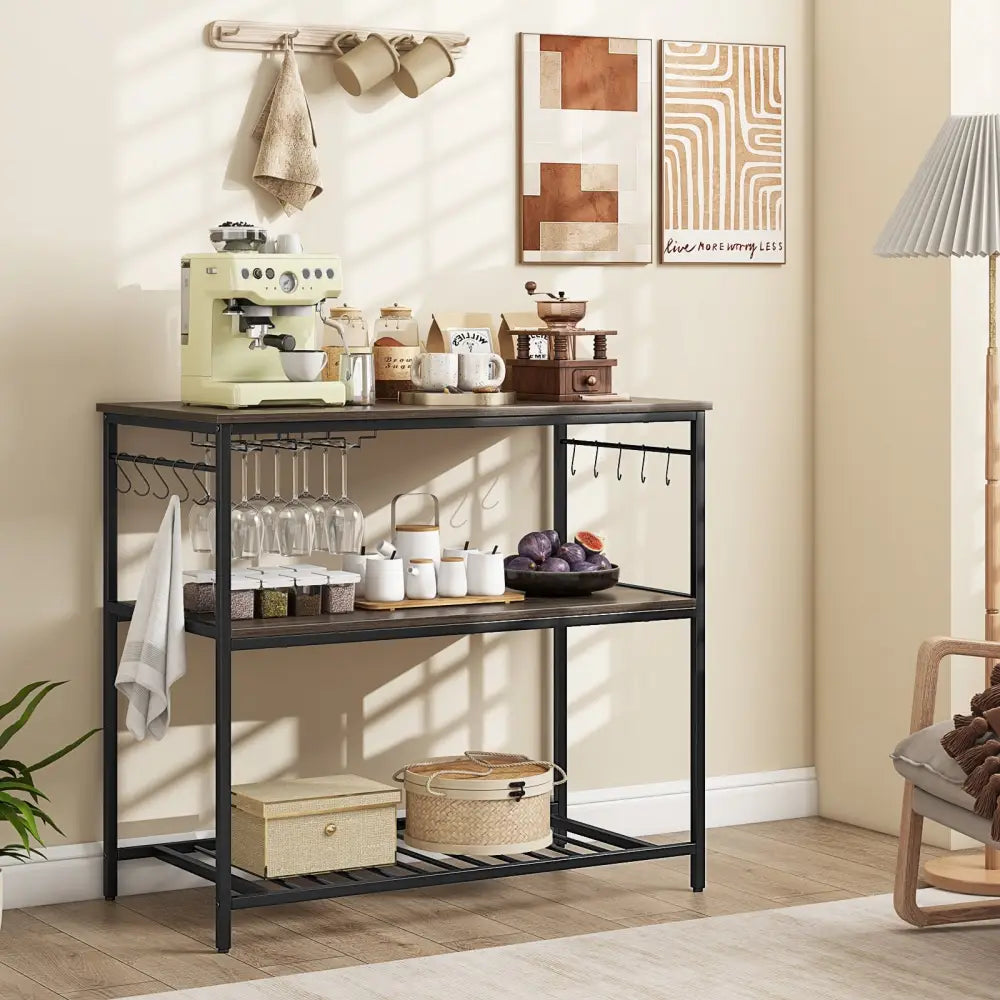 Kitchen Island with 3 Shelves Wine Glass Holders and 10 Hooks-Gray - Gray - Baker’s Racks