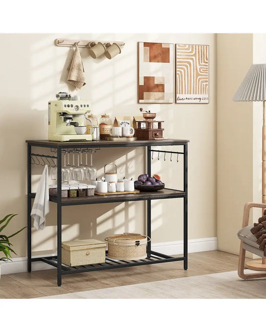 Kitchen Island with 3 Shelves Wine Glass Holders and 10 Hooks-Gray - Gray - Baker’s Racks