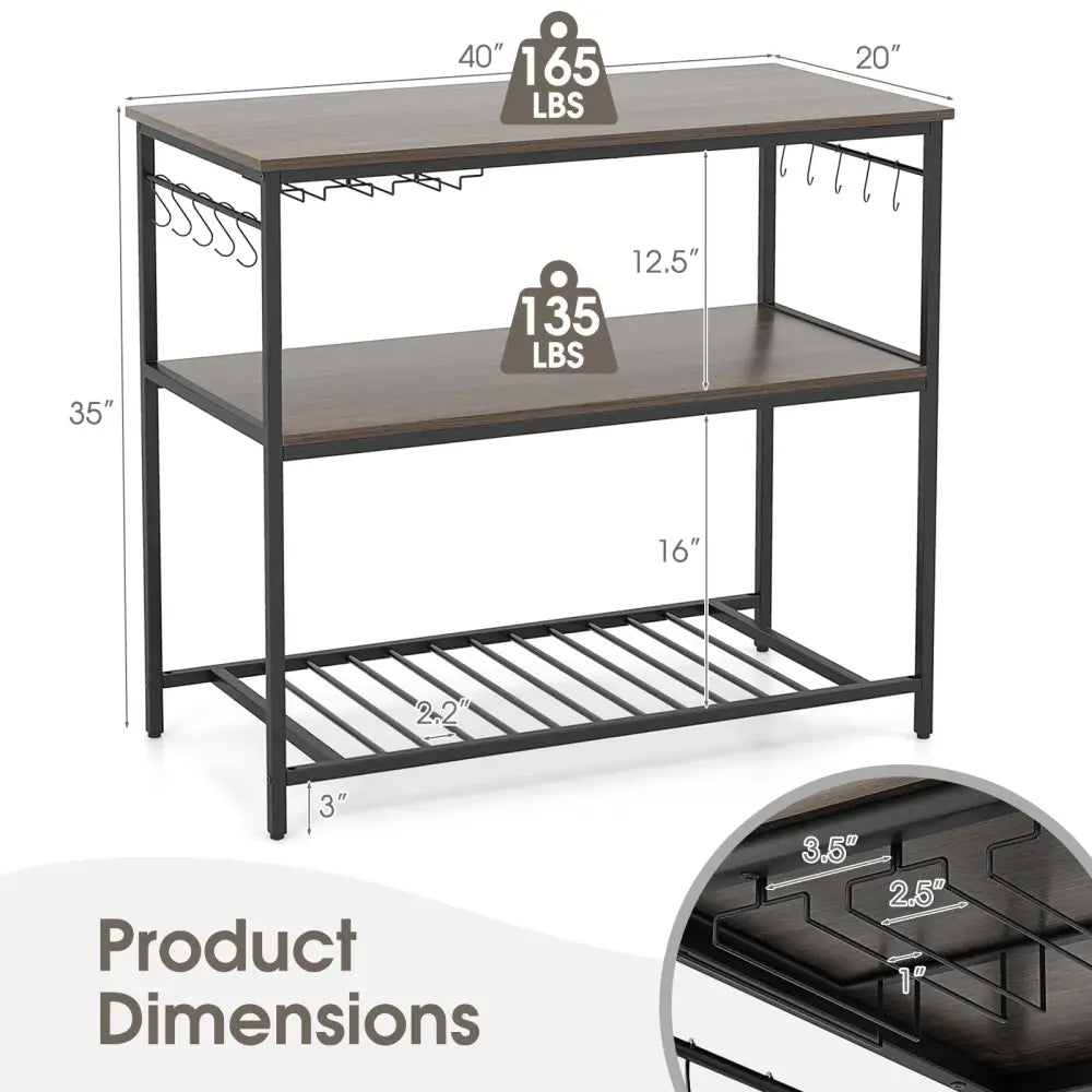 Kitchen Island with 3 Shelves Wine Glass Holders and 10 Hooks-Gray - Gray - Baker’s Racks