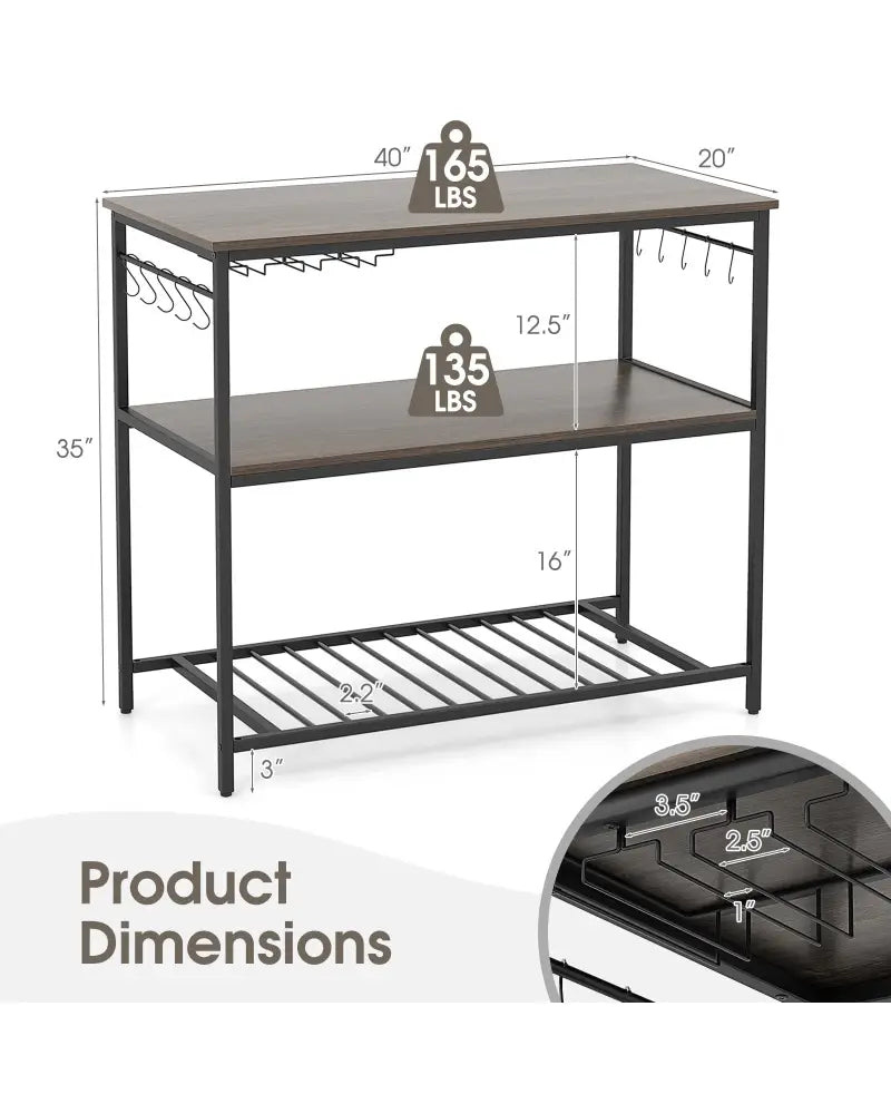 Kitchen Island with 3 Shelves Wine Glass Holders and 10 Hooks-Gray - Gray - Baker’s Racks