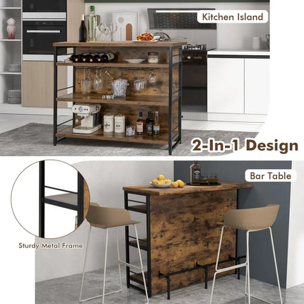 Kitchen Island with 4-Tier Storage Shelf and Long Footrest for Home-Rustic Brown - Rustic Brown - Kitchen Islands &