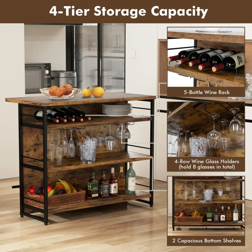 Kitchen Island with 4-Tier Storage Shelf and Long Footrest for Home-Rustic Brown - Rustic Brown - Kitchen Islands &
