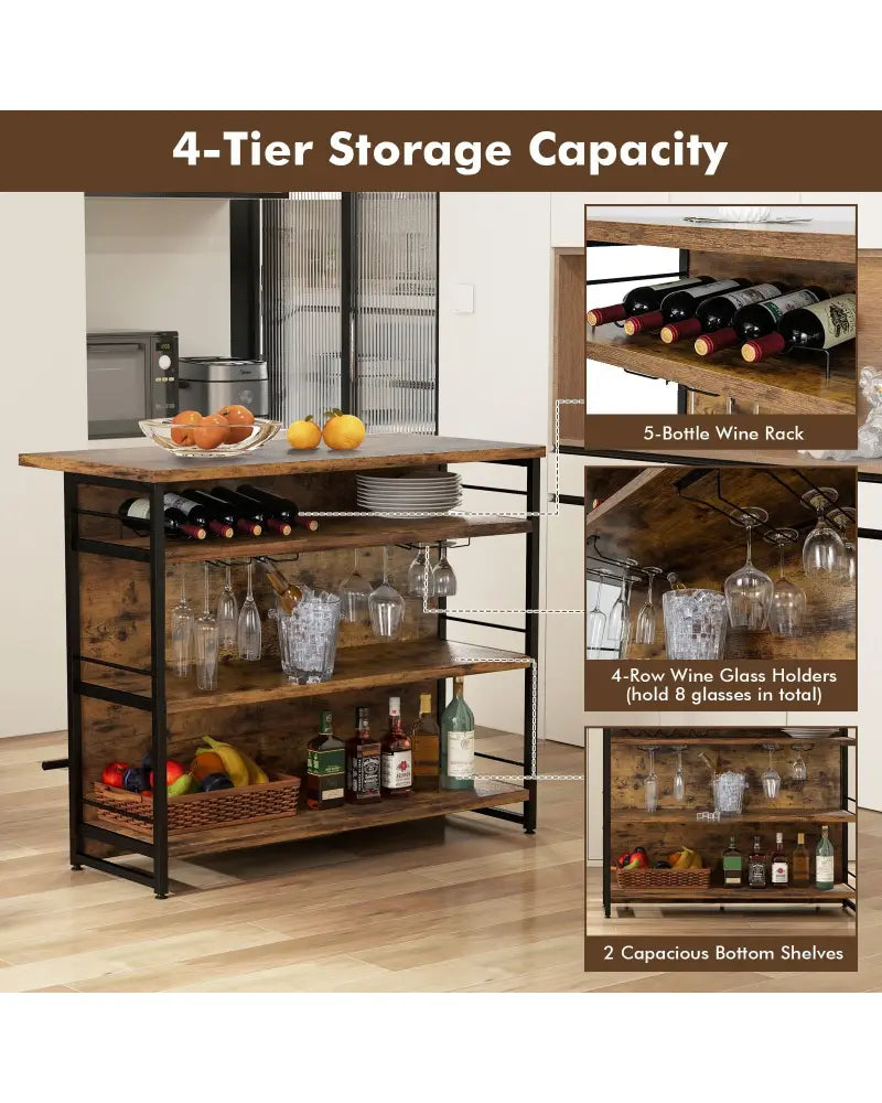 Kitchen Island with 4-Tier Storage Shelf and Long Footrest for Home-Rustic Brown - Rustic Brown - Kitchen Islands &