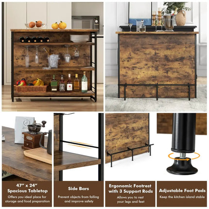 Kitchen Island with 4-Tier Storage Shelf and Long Footrest for Home-Rustic Brown - Rustic Brown - Kitchen Islands &