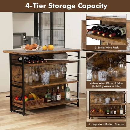 Kitchen Island with 4-Tier Storage Shelf and Long Footrest for Home-Rustic Brown - Rustic Brown - Kitchen Islands &