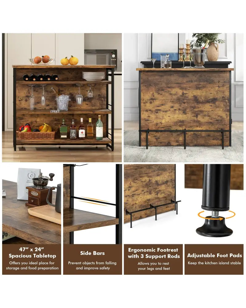 Kitchen Island with 4-Tier Storage Shelf and Long Footrest for Home-Rustic Brown - Rustic Brown - Kitchen Islands &