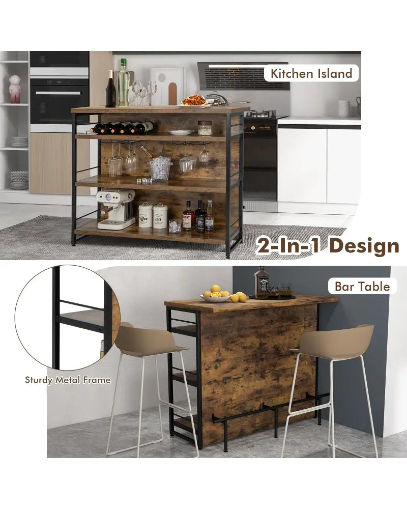 Kitchen Island with 4-Tier Storage Shelf and Long Footrest for Home-Rustic Brown - Rustic Brown - Kitchen Islands &