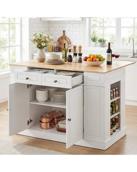 Kitchen Island with Storage and 3-Level Adjustable Shelves-White - White - Kitchen Islands & Carts