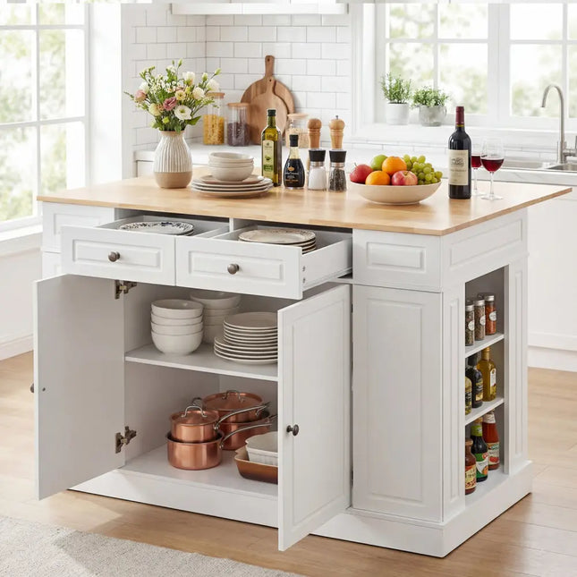 Kitchen Island with Storage and 3-Level Adjustable Shelves-White - White - Kitchen Islands & Carts