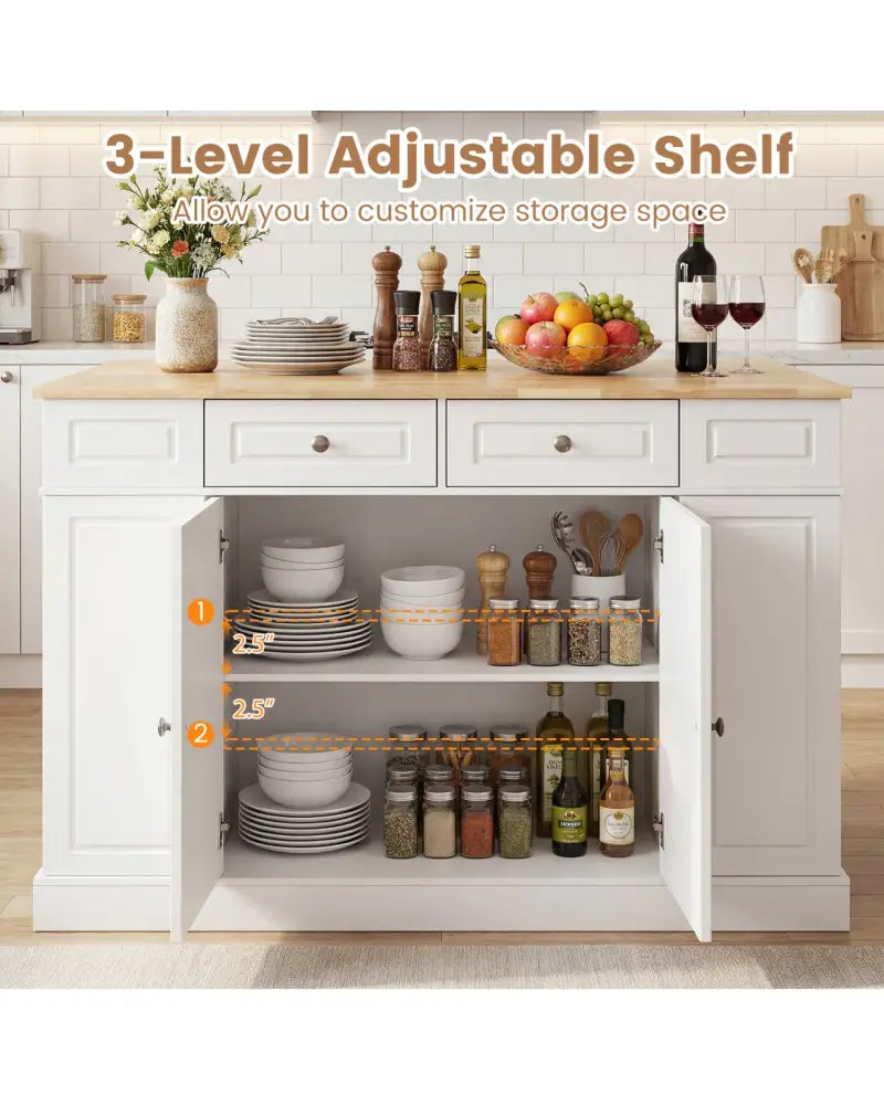 Kitchen Island with Storage and 3-Level Adjustable Shelves-White - White - Kitchen Islands & Carts