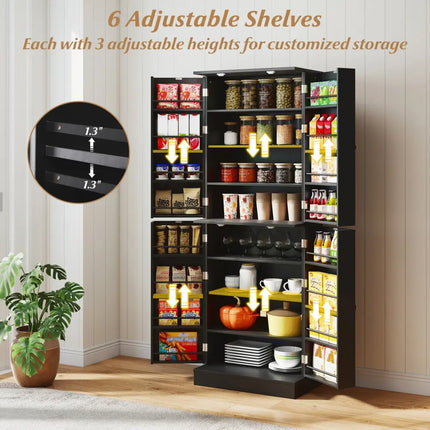 Kitchen Pantry Cabinet 65.5 Inch Freestanding Tall Buffet Cupboard-Black - Black - Sideboards Cabinets & Buffets