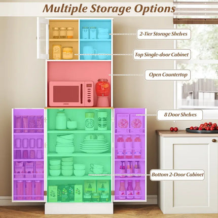 Kitchen Pantry Cabinet 67 Inch Freestanding Tall Cupboard with Microwave Shelf-White - White - Sideboards Cabinets &