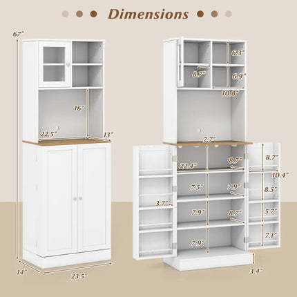 Kitchen Pantry Cabinet 67 Inch Freestanding Tall Cupboard with Microwave Shelf-White - White - Sideboards Cabinets &