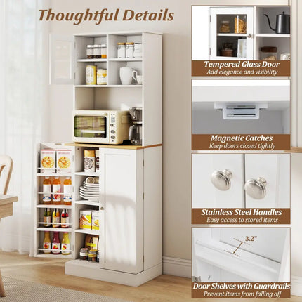 Kitchen Pantry Cabinet 67 Inch Freestanding Tall Cupboard with Microwave Shelf-White - White - Sideboards Cabinets &