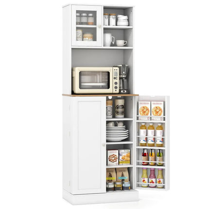 Kitchen Pantry Cabinet 67 Inch Freestanding Tall Cupboard with Microwave Shelf-White - White - Sideboards Cabinets &