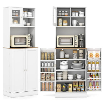 Kitchen Pantry Cabinet 67 Inch Freestanding Tall Cupboard with Microwave Shelf-White - White - Sideboards Cabinets &