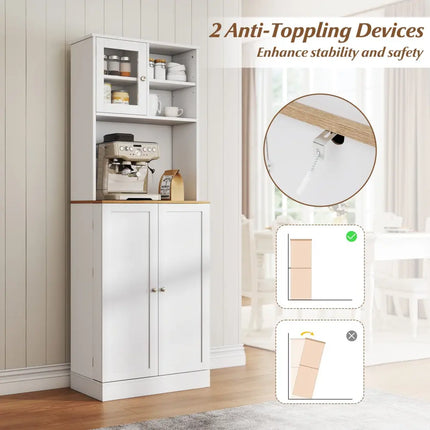Kitchen Pantry Cabinet 67 Inch Freestanding Tall Cupboard with Microwave Shelf-White - White - Sideboards Cabinets &