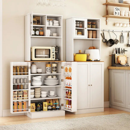 Kitchen Pantry Cabinet 67 Inch Freestanding Tall Cupboard with Microwave Shelf-White - White - Sideboards Cabinets &