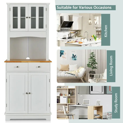 Kitchen Pantry Cabinet with Wood Top and Hutch-White - White - Sideboards Cabinets & Buffets