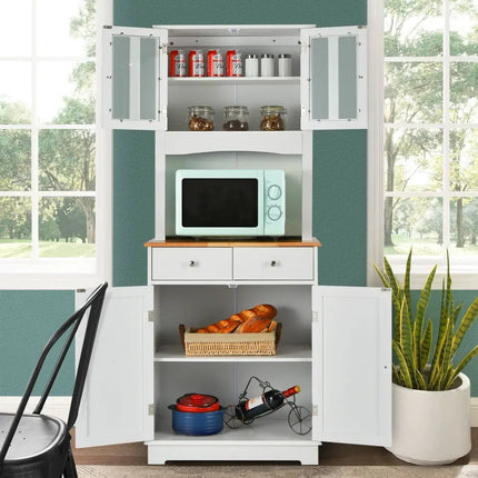 Kitchen Pantry Cabinet with Wood Top and Hutch-White - White - Sideboards Cabinets & Buffets