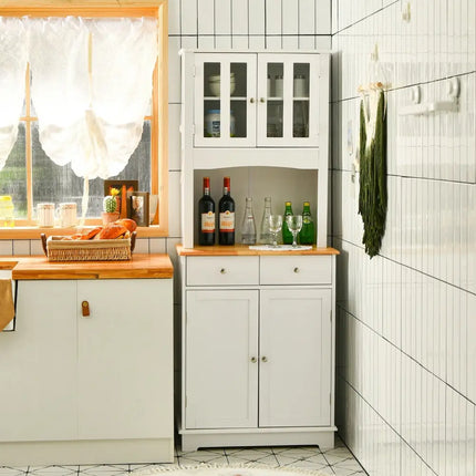 Kitchen Pantry Cabinet with Wood Top and Hutch-White - White - Sideboards Cabinets & Buffets