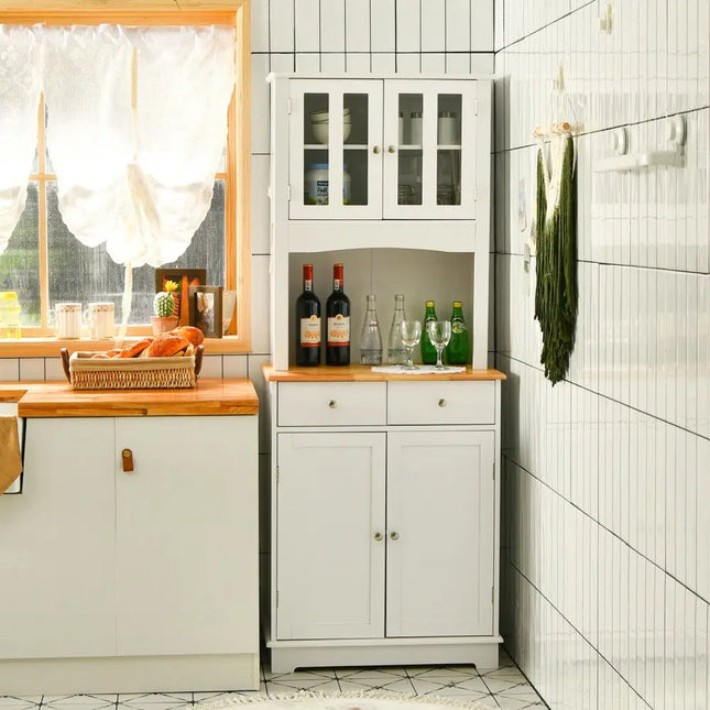 Kitchen Pantry Cabinet with Wood Top and Hutch-White - White - Sideboards Cabinets & Buffets