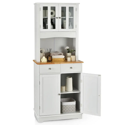 Kitchen Pantry Cabinet with Wood Top and Hutch-White - White - Sideboards Cabinets & Buffets
