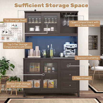 Kitchen Pantry Storage Cabinet Kitchen Hutch with LED lights and Power Outlet-Dark Brown - Deep Brown - Sideboards