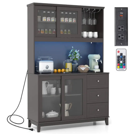Kitchen Pantry Storage Cabinet Kitchen Hutch with LED lights and Power Outlet-Dark Brown - Deep Brown - Sideboards